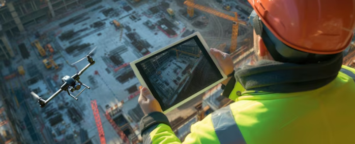 Advanced safety equipment including wearable sensors and smart helmets being used on a construction site to enhance worker safety