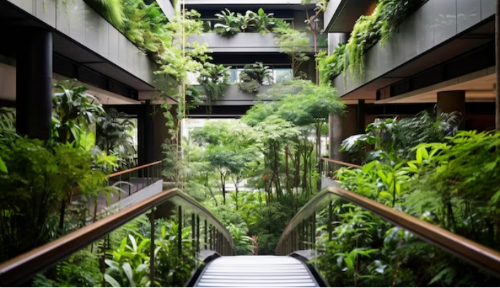 A modern eco-friendly building with green roofs, solar panels, and sustainable materials, demonstrating green building practices