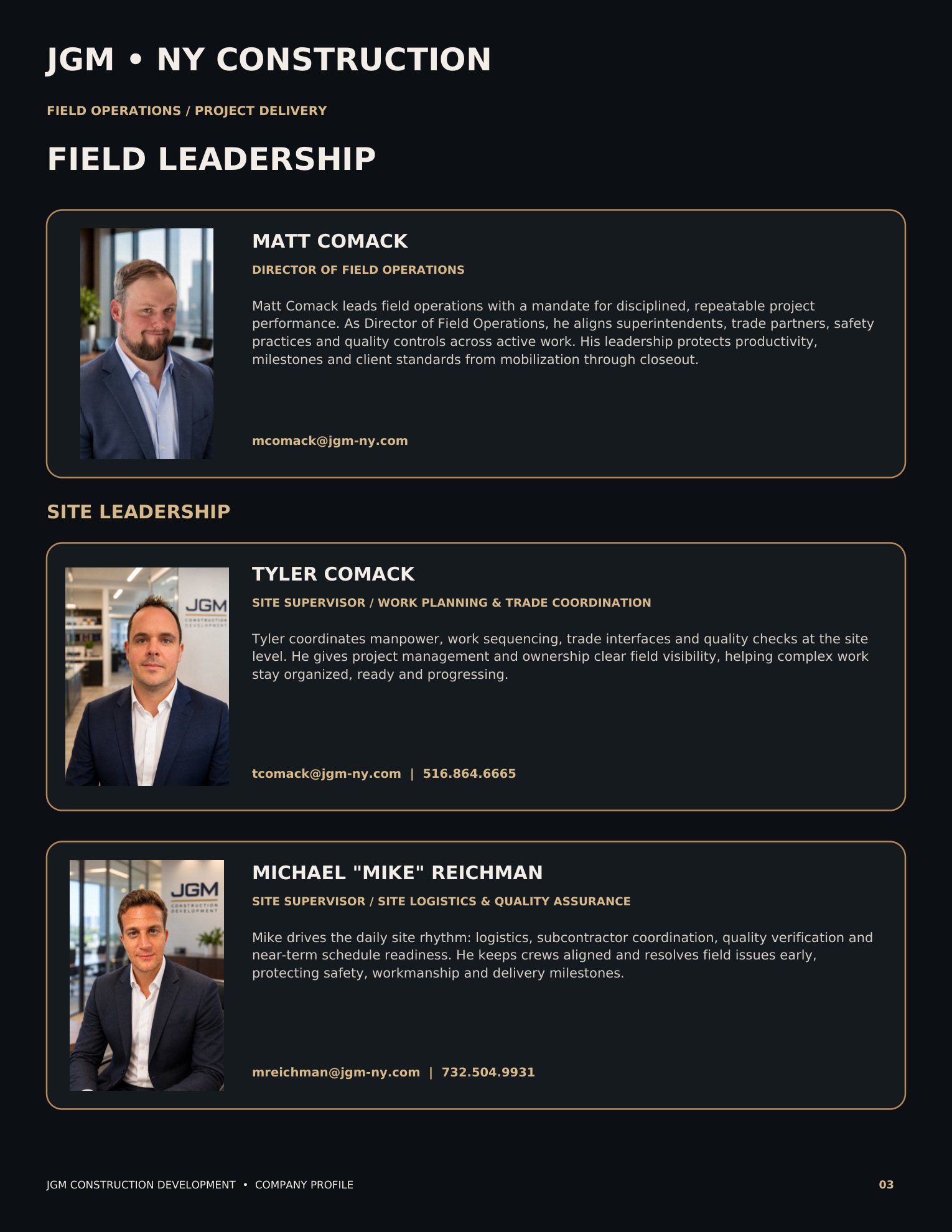 Field Leadership and Site Leadership — original JGM company directory design